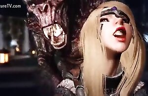 Cảnh quái vật với một phụ nữ tóc vàng nóng bỏng